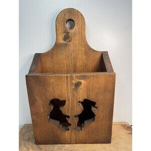 Vintage Wooden Hanging Recipe / Letter / Trinket Box Amish Boy Girl Cutouts